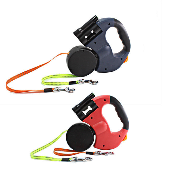 Dual-Headed Retractable Dog Leash with Flashlight & Waste Bag Holder