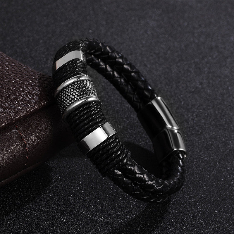 Black Braided Leather & Titanium Steel Men's Bracelet