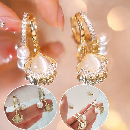 Purple Crystal Four-leaf Flower Pearl Ear Clip Earrings