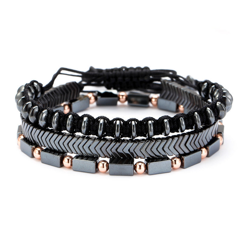 Men's Black Iron Stone Woven Bracelet Set