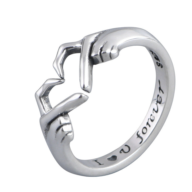 Romantic Heart Hand Hug Ring - Silver Couple Jewellery