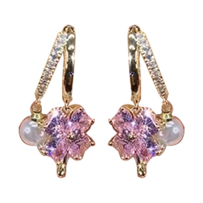 Purple Crystal Four-leaf Flower Pearl Ear Clip Earrings